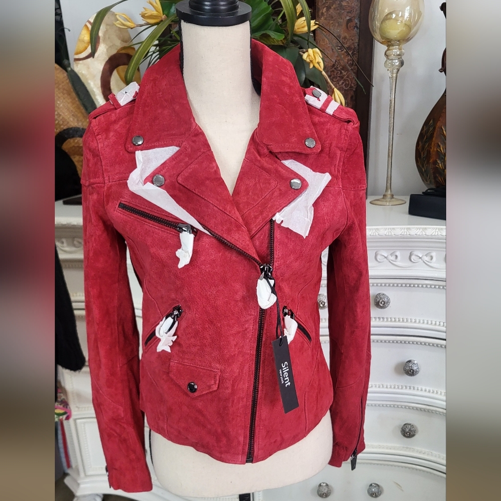 BLANK NYC Silent 100% Red Leather Suede Cropped Moto Jacket NWT SZ SM